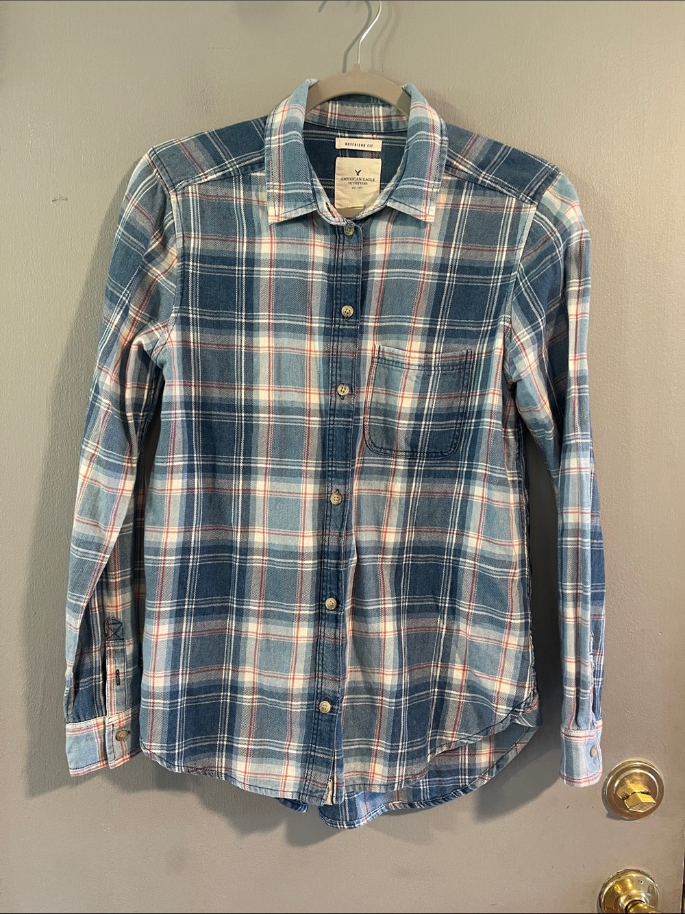 American Eagle Outfitters Red Blue Plaid Boyfriend Shirt Size S